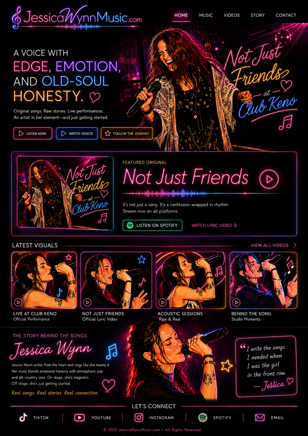 Jessica Wynn Music landing page featuring neon branding, Not Just Friends, latest visuals, artist story, and social links.